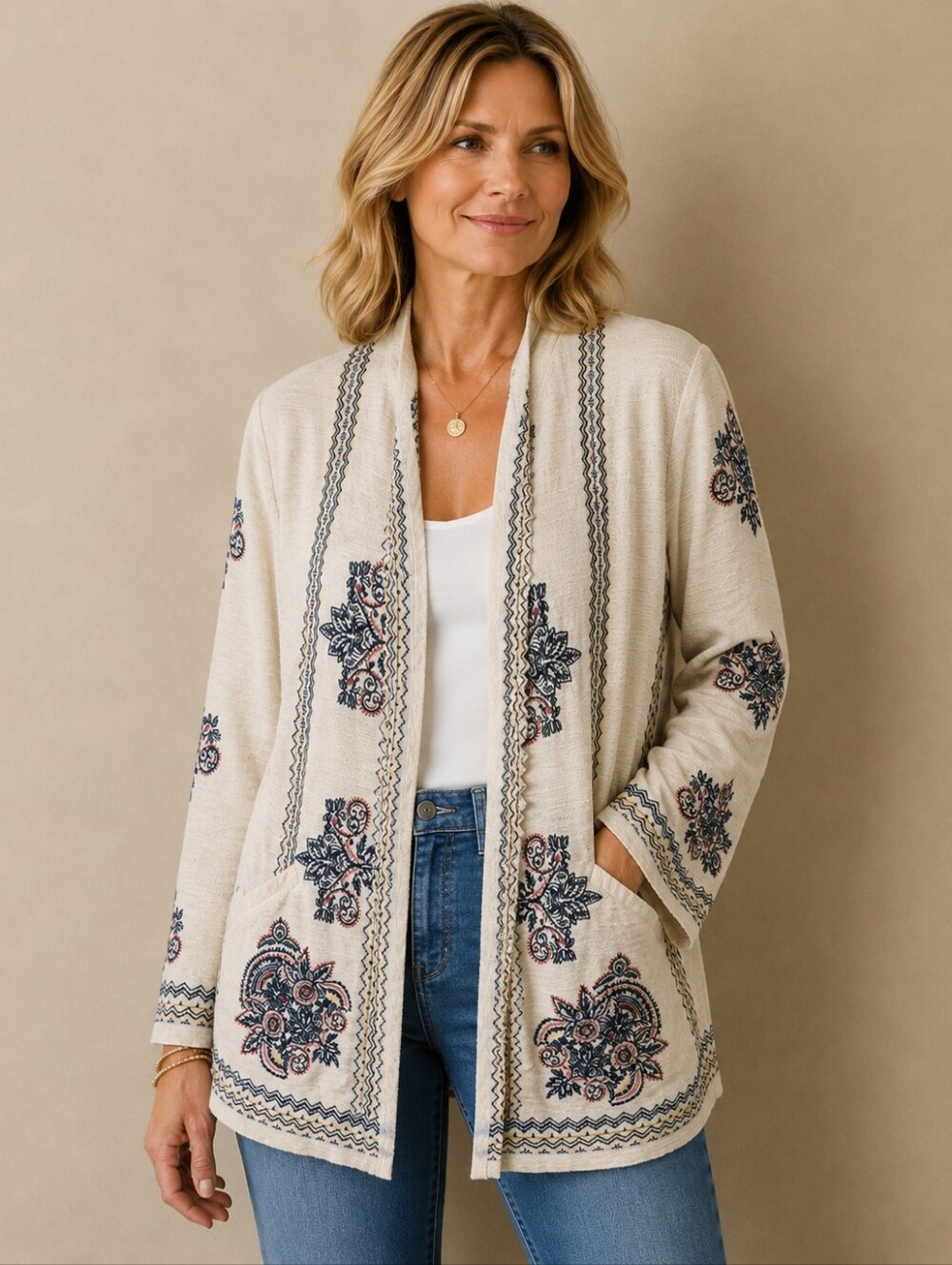 Christopher Banks Women's Petite Lg Open Front Cardigan Embroidered Boho Artsy